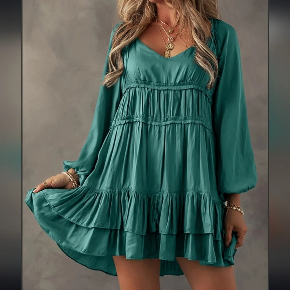 Teal Ruffle Babydoll Mini Dress - Picture 4 of 6